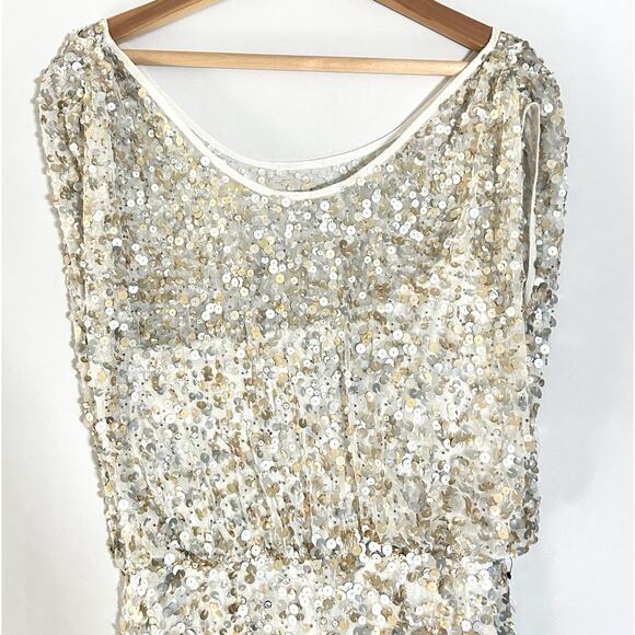 JS Collections Champagne Silver Sequin Gown Formal Evening Maxi Dress Size 12 - Picture 8 of 13